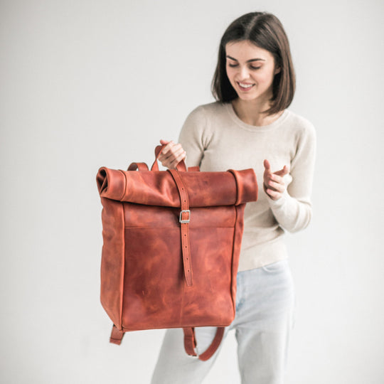 Cognac leather roll-top backpack - Leather Purse Backpack