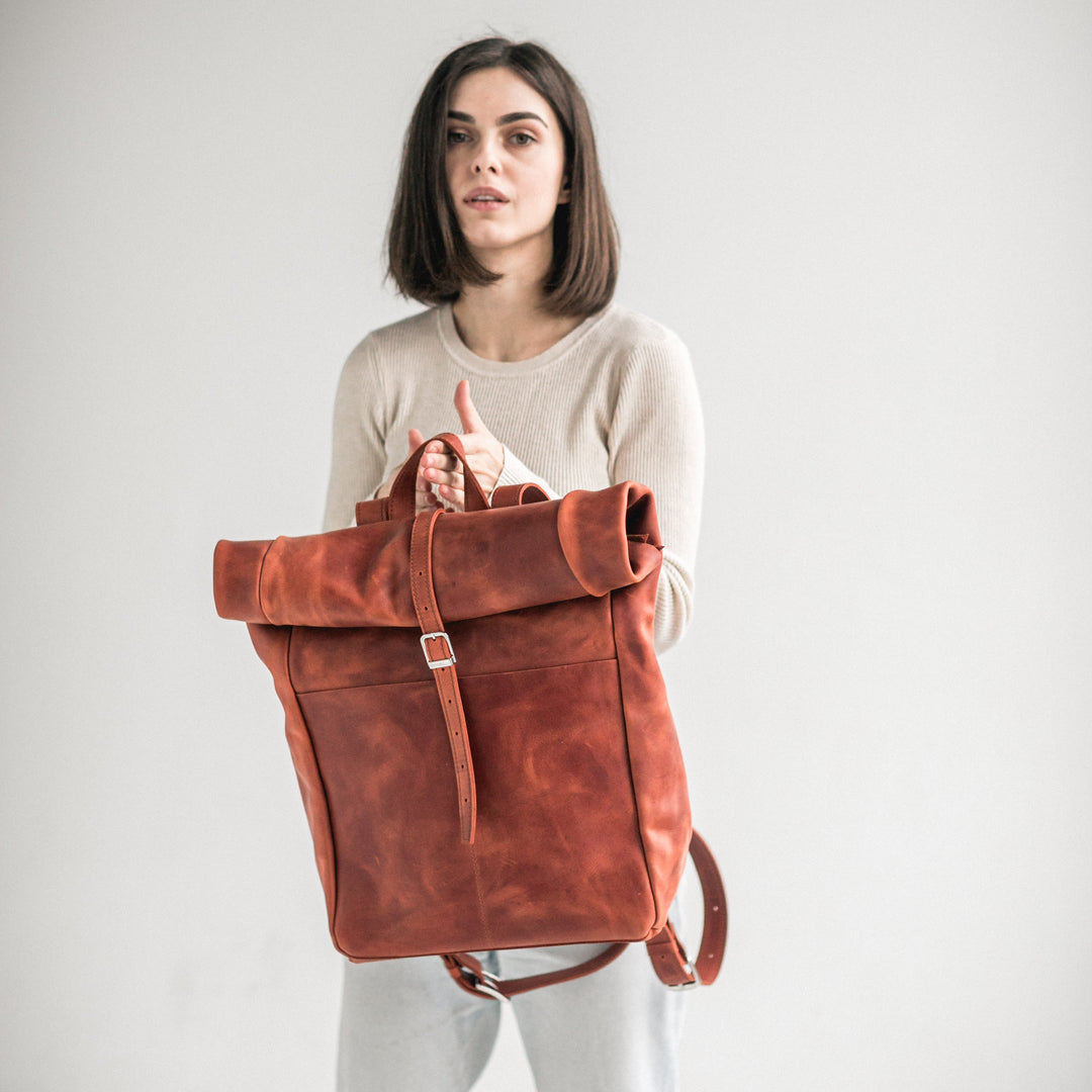 Cognac leather roll-top backpack - Leather Purse Backpack