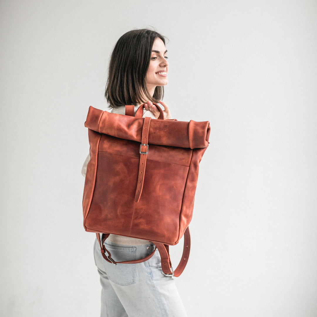 Cognac leather roll-top backpack - Leather Purse Backpack