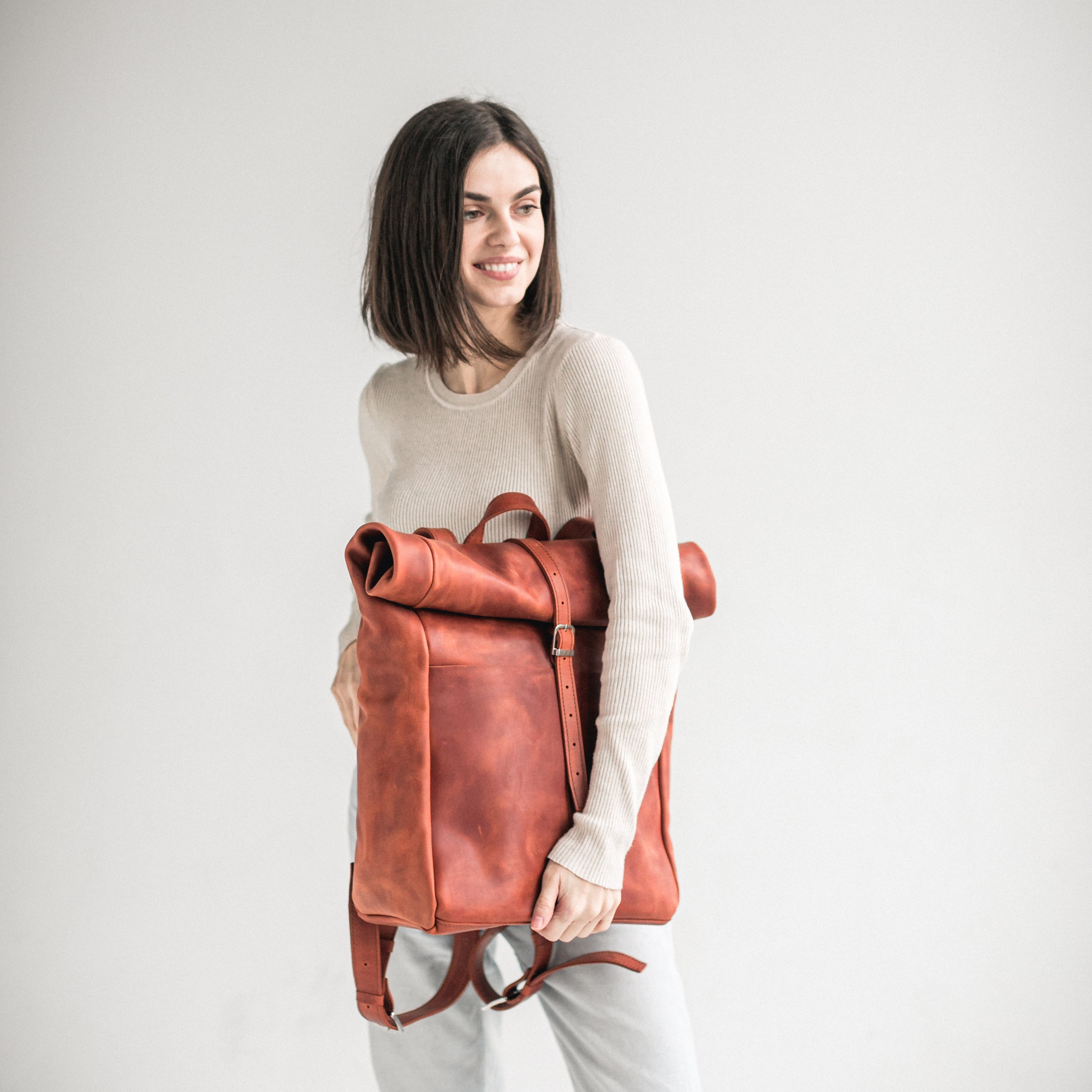 Cognac leather roll-top backpack Silver
