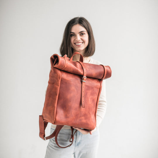 Cognac leather roll-top backpack - Leather Purse Backpack
