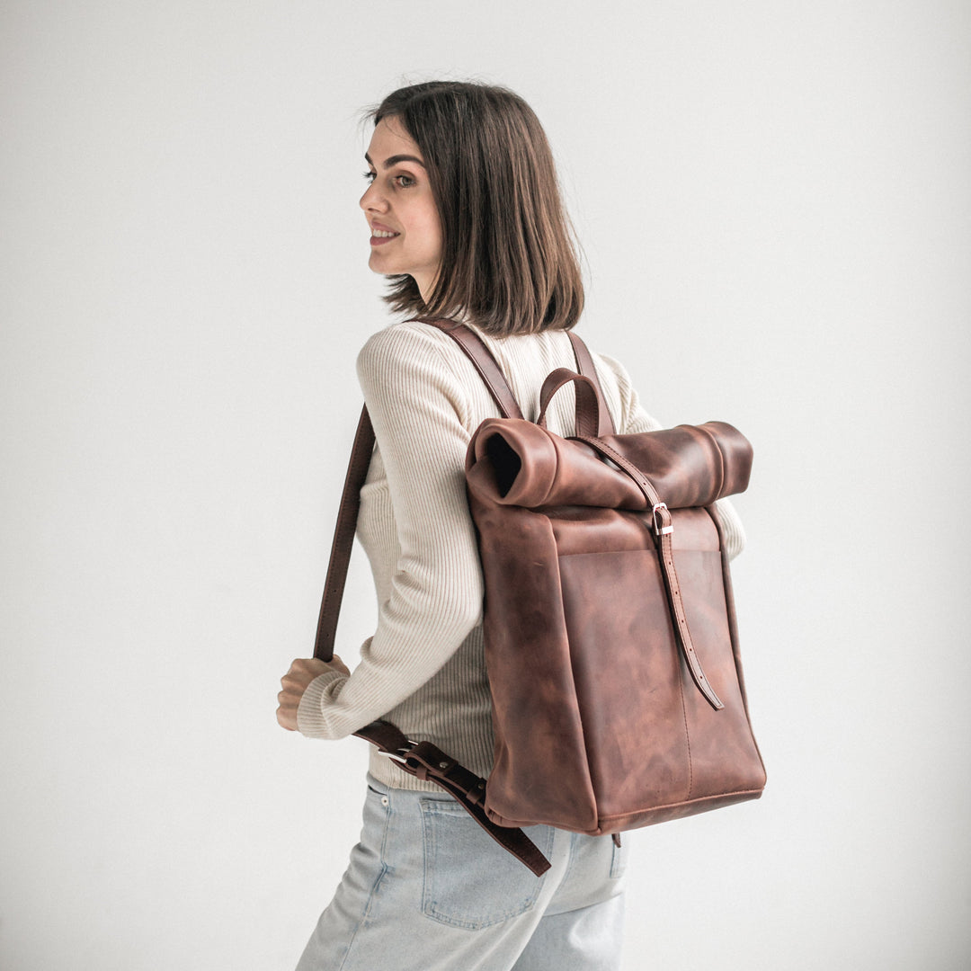 Whiskey brown leather roll-top backpack - Leather Purse Backpack