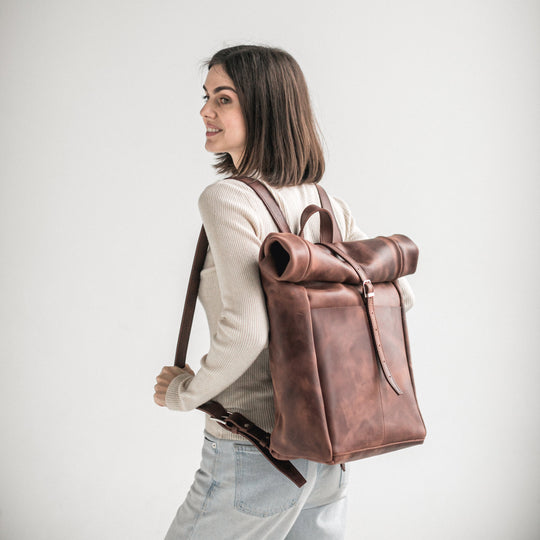 Whiskey brown leather roll-top backpack - Leather Purse Backpack
