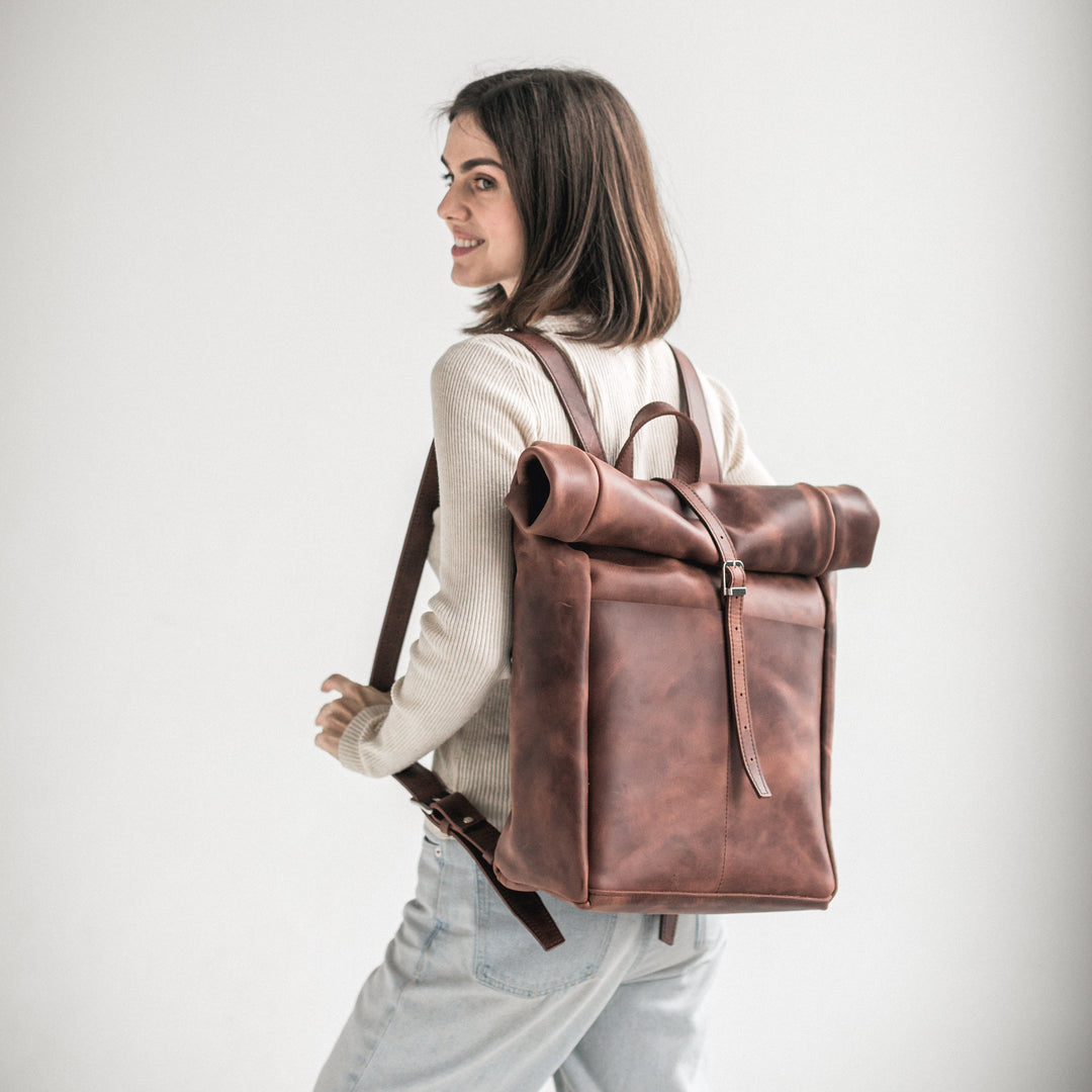 Whiskey brown leather roll-top backpack - Leather Purse Backpack