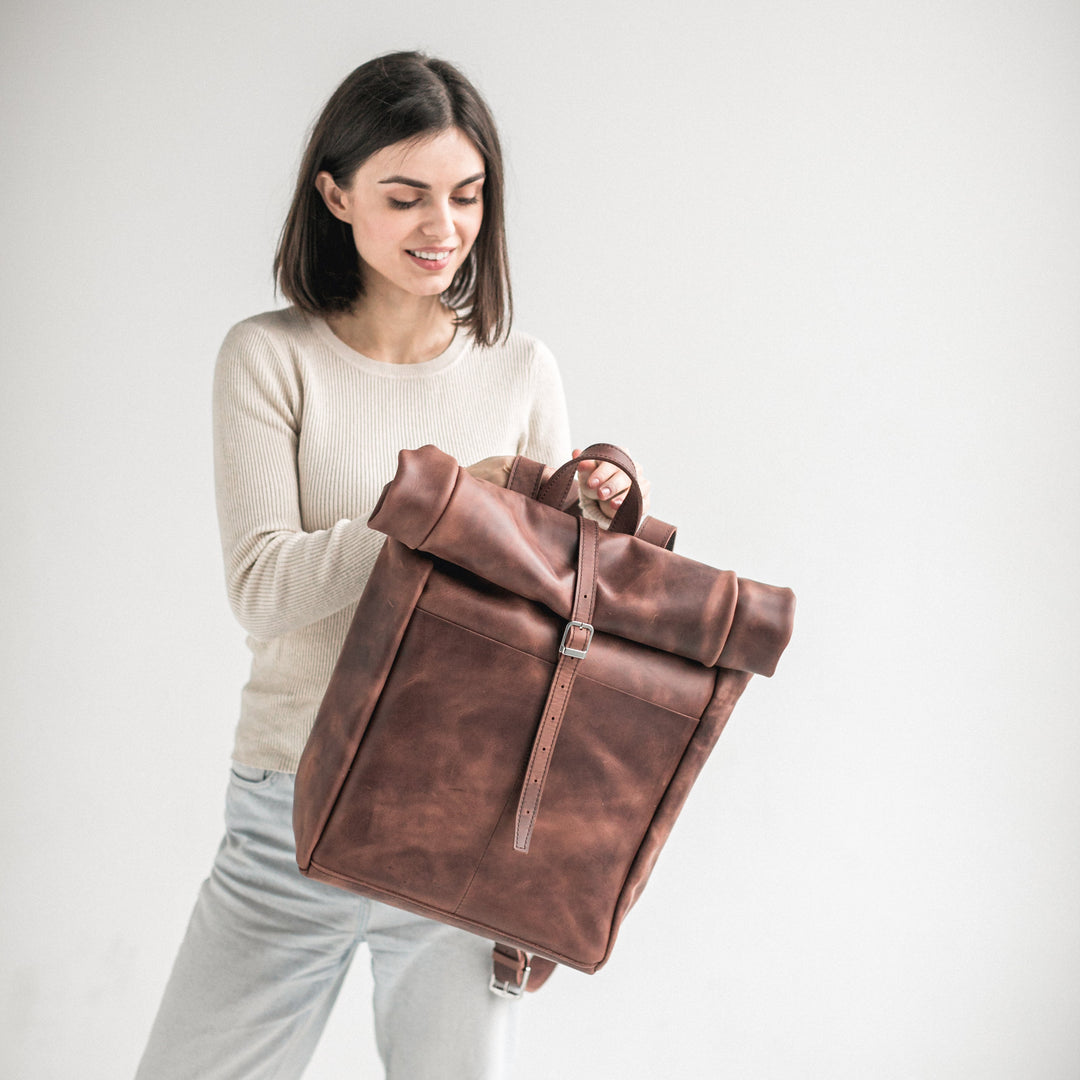 Whiskey brown leather roll-top backpack - Leather Purse Backpack
