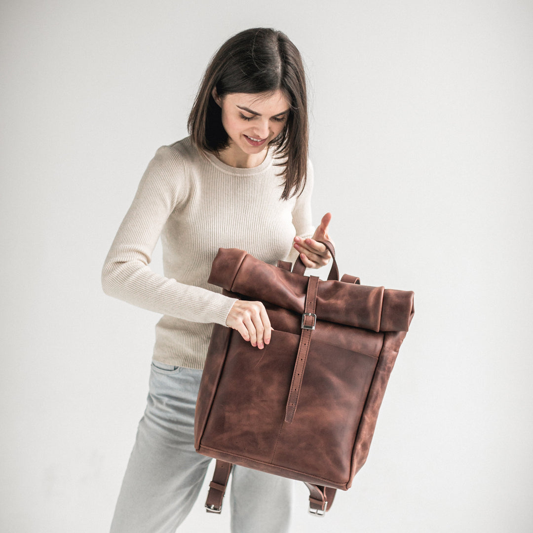 Whiskey brown leather roll-top backpack - Leather Purse Backpack