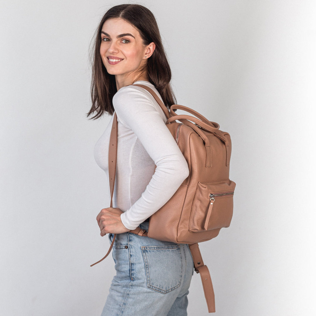 Cappuccino pebbled  leather city backpack - Leather Purse Backpack