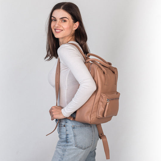Cappuccino pebbled  leather city backpack - Leather Purse Backpack