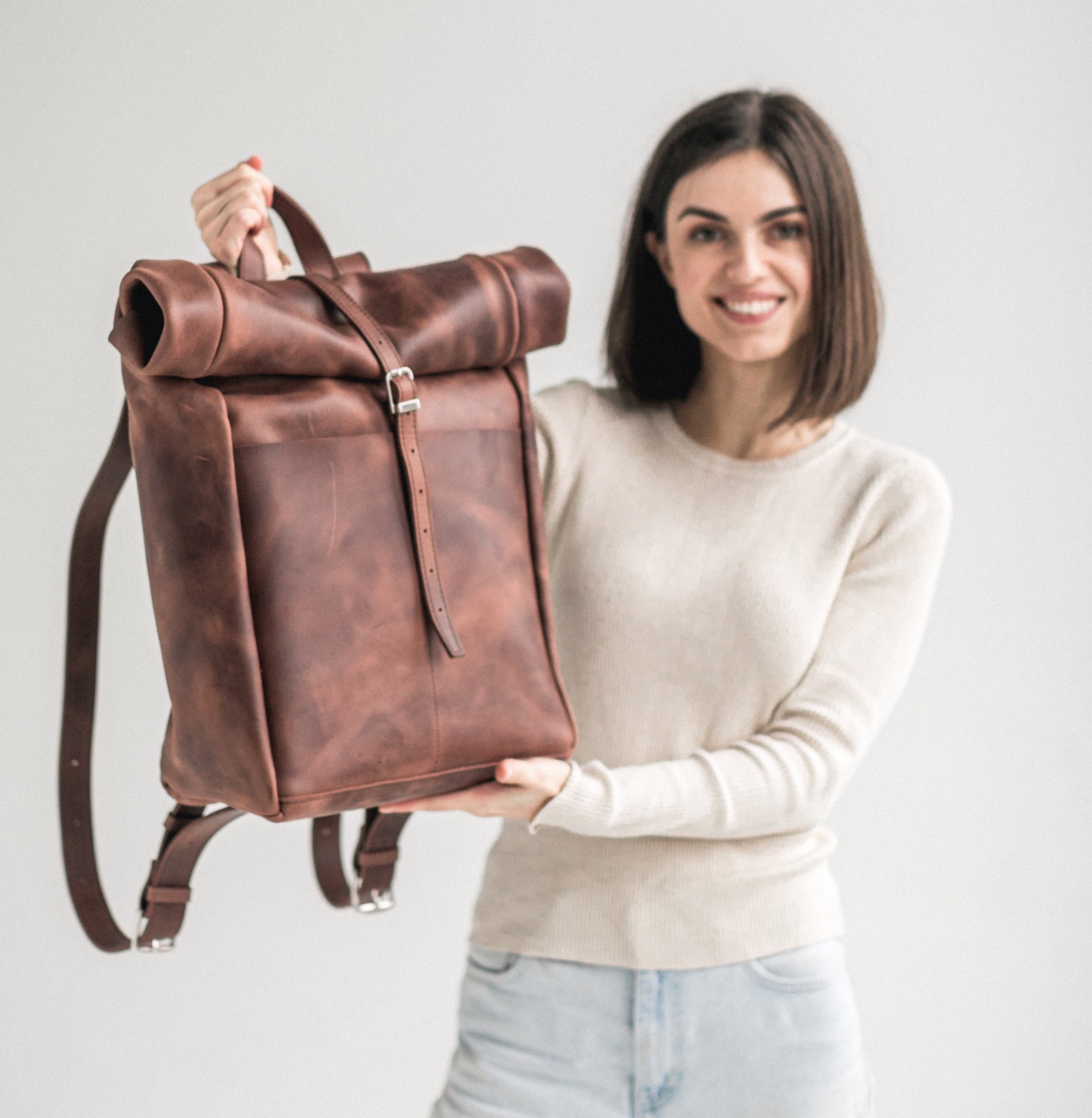 business backpacks top grain leather by remwick Whiskey brown leather roll-top backpack Silver