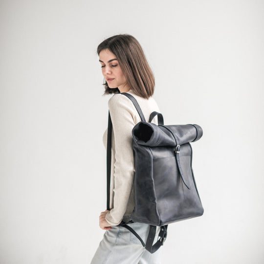Navy blue leather roll-top backpack - Leather Purse Backpack