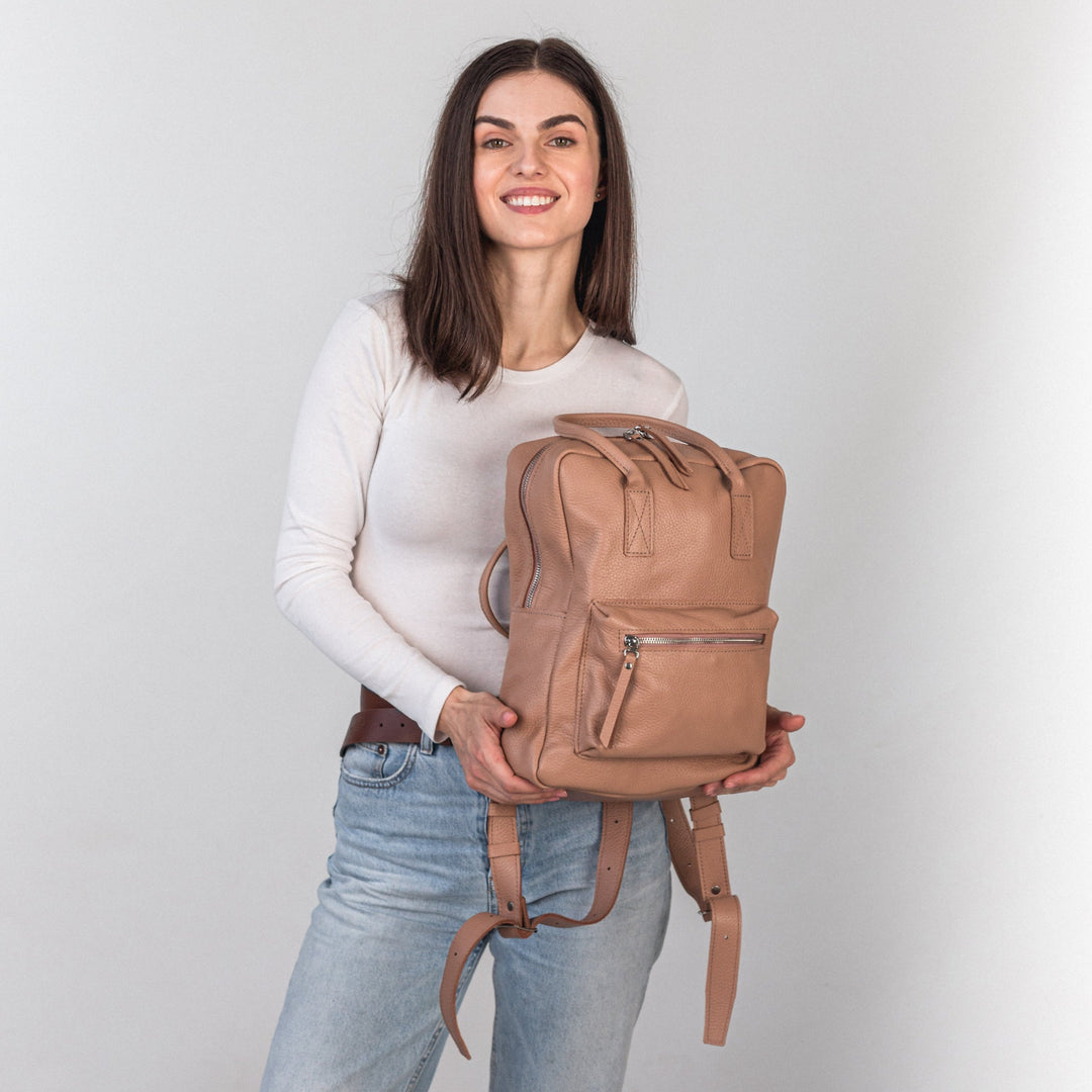 Cappuccino pebbled  leather city backpack - Leather Purse Backpack