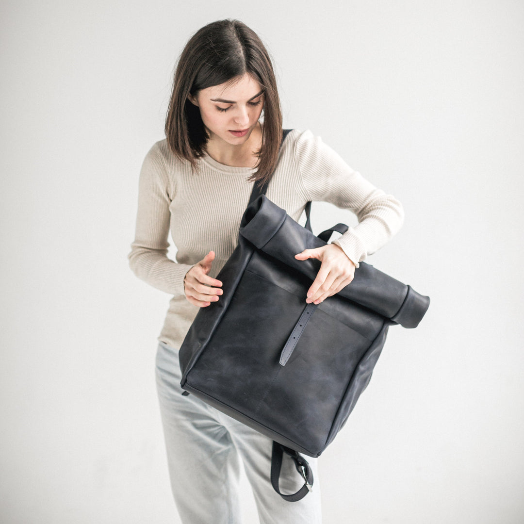 Navy blue leather roll-top backpack - Leather Purse Backpack