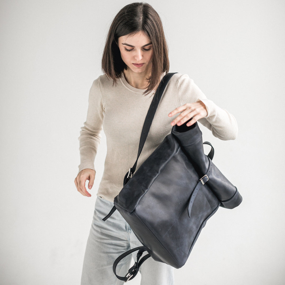 Navy blue leather roll-top backpack - Leather Purse Backpack