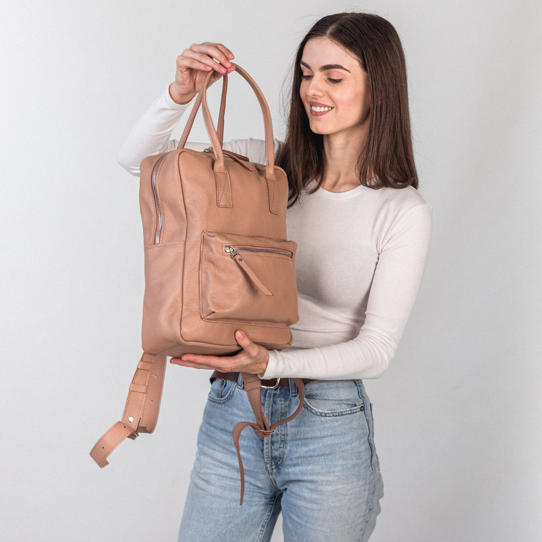 Cappuccino pebbled  leather city backpack - Leather Purse Backpack
