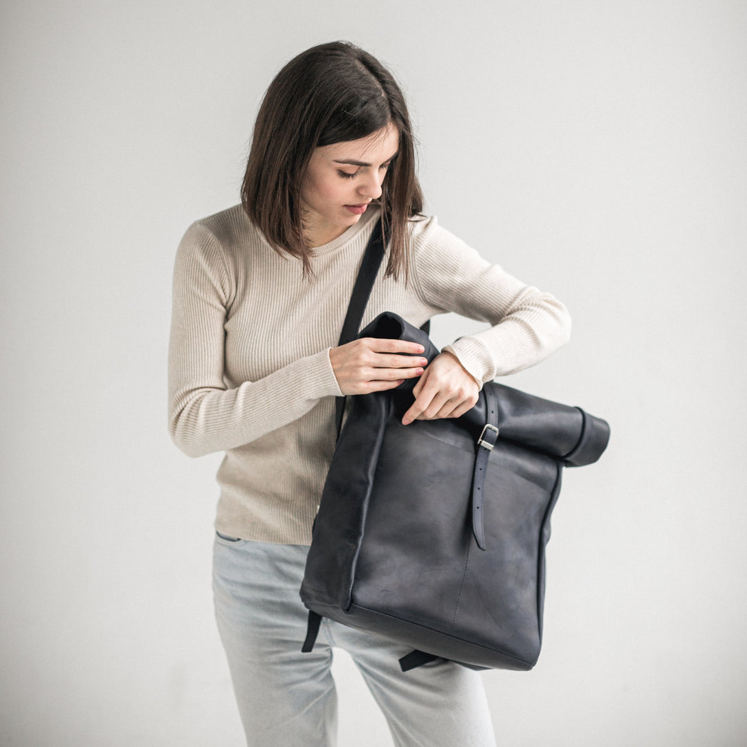 Navy blue leather roll-top backpack - Leather Purse Backpack