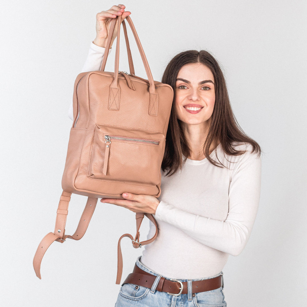 Cappuccino pebbled  leather city backpack - Leather Purse Backpack