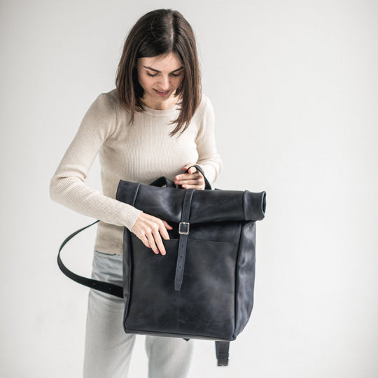 Navy blue leather roll-top backpack - Leather Purse Backpack