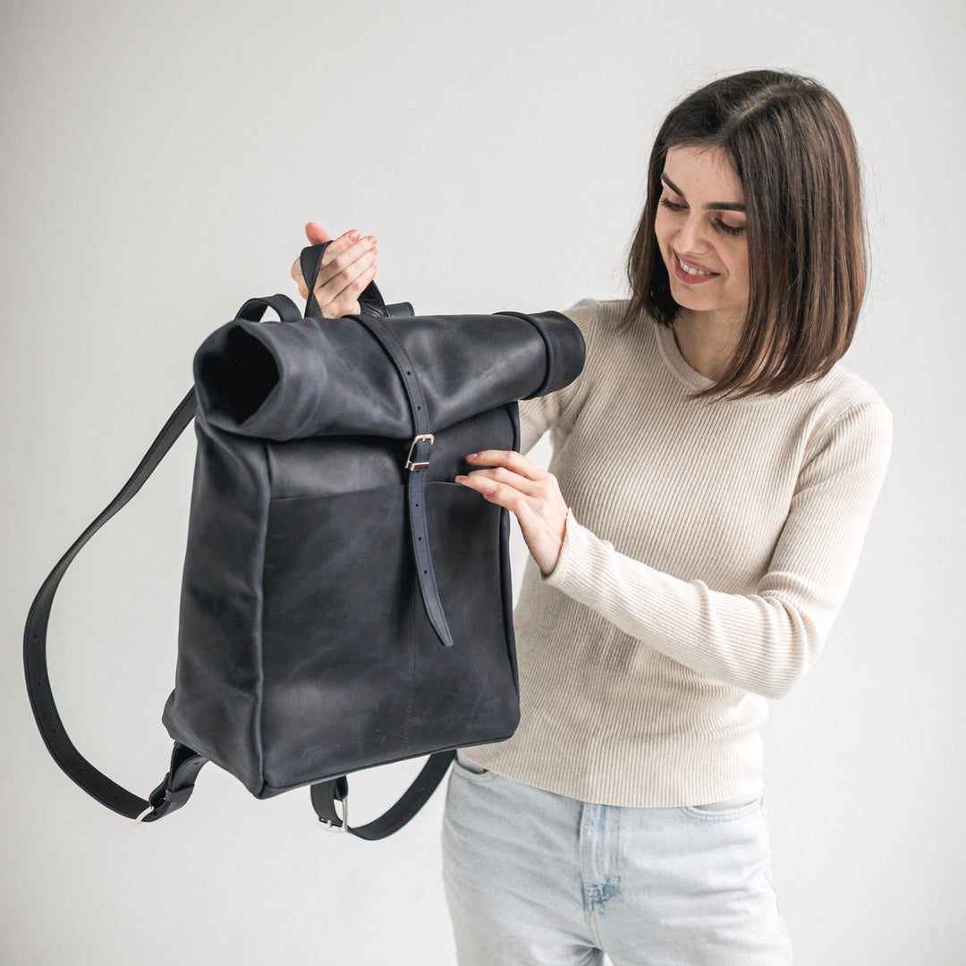 Navy blue leather roll-top backpack - Leather Purse Backpack