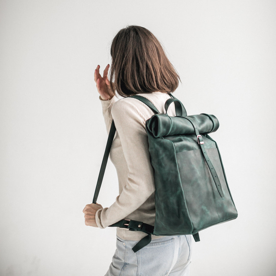 Green leather roll-top backpack - Leather Purse Backpack