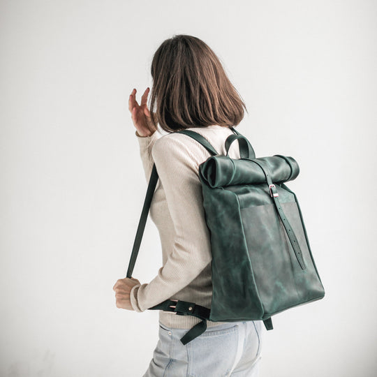 Green leather roll-top backpack - Leather Purse Backpack