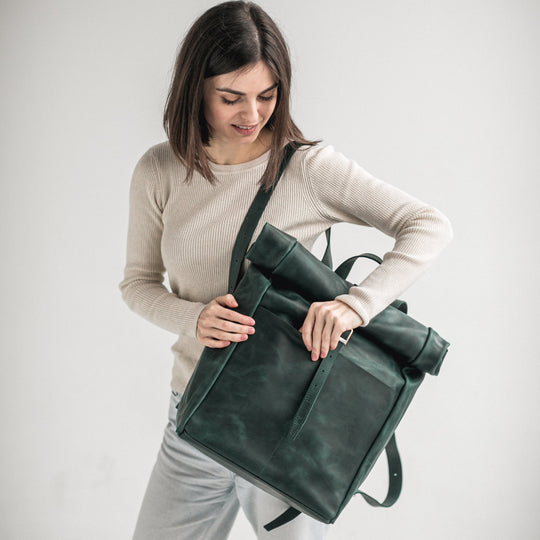 Green leather roll-top backpack - Leather Purse Backpack