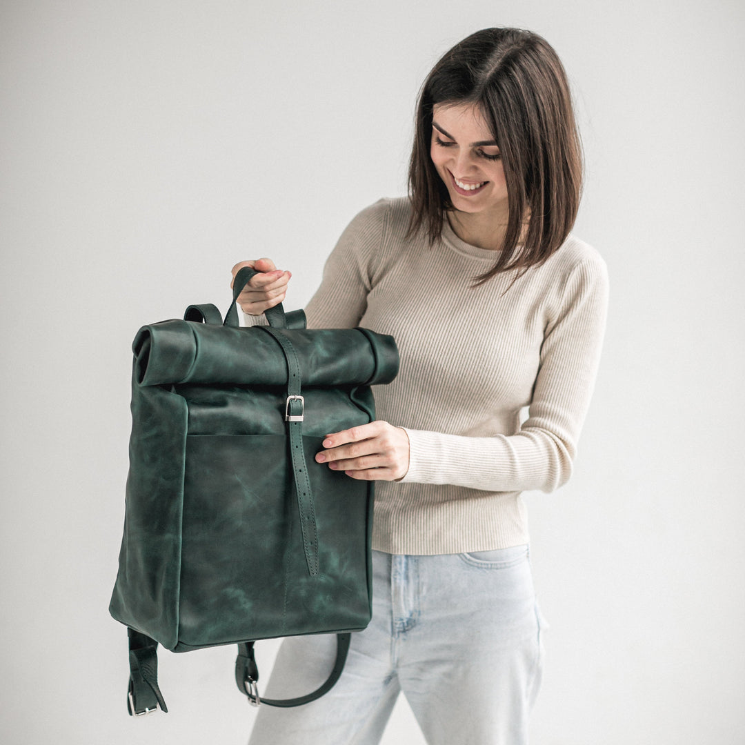 Green leather roll-top backpack - Leather Purse Backpack