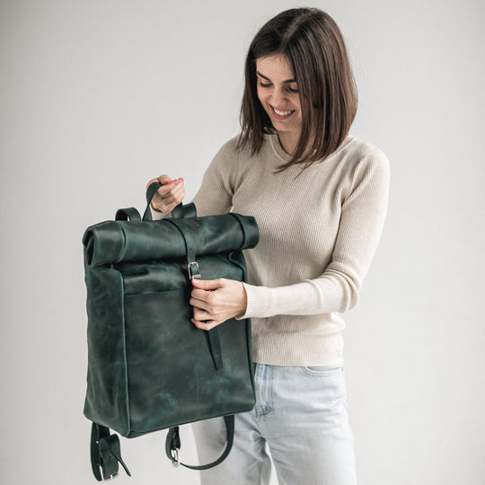 Green leather roll-top backpack - Leather Purse Backpack