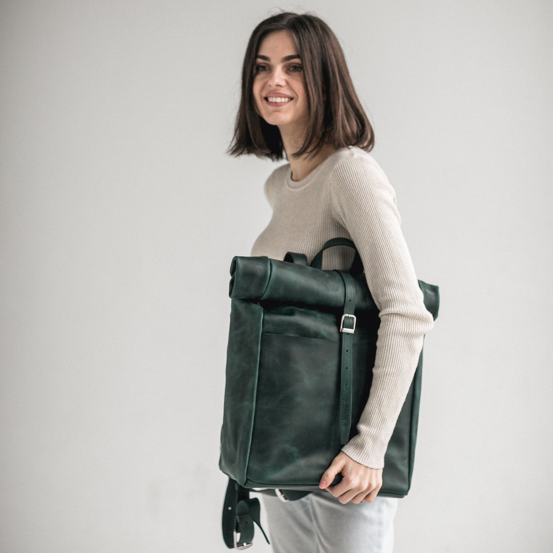 Green leather roll-top backpack - Leather Purse Backpack