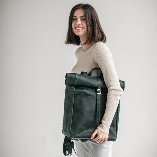 Green leather roll-top backpack - Leather Purse Backpack