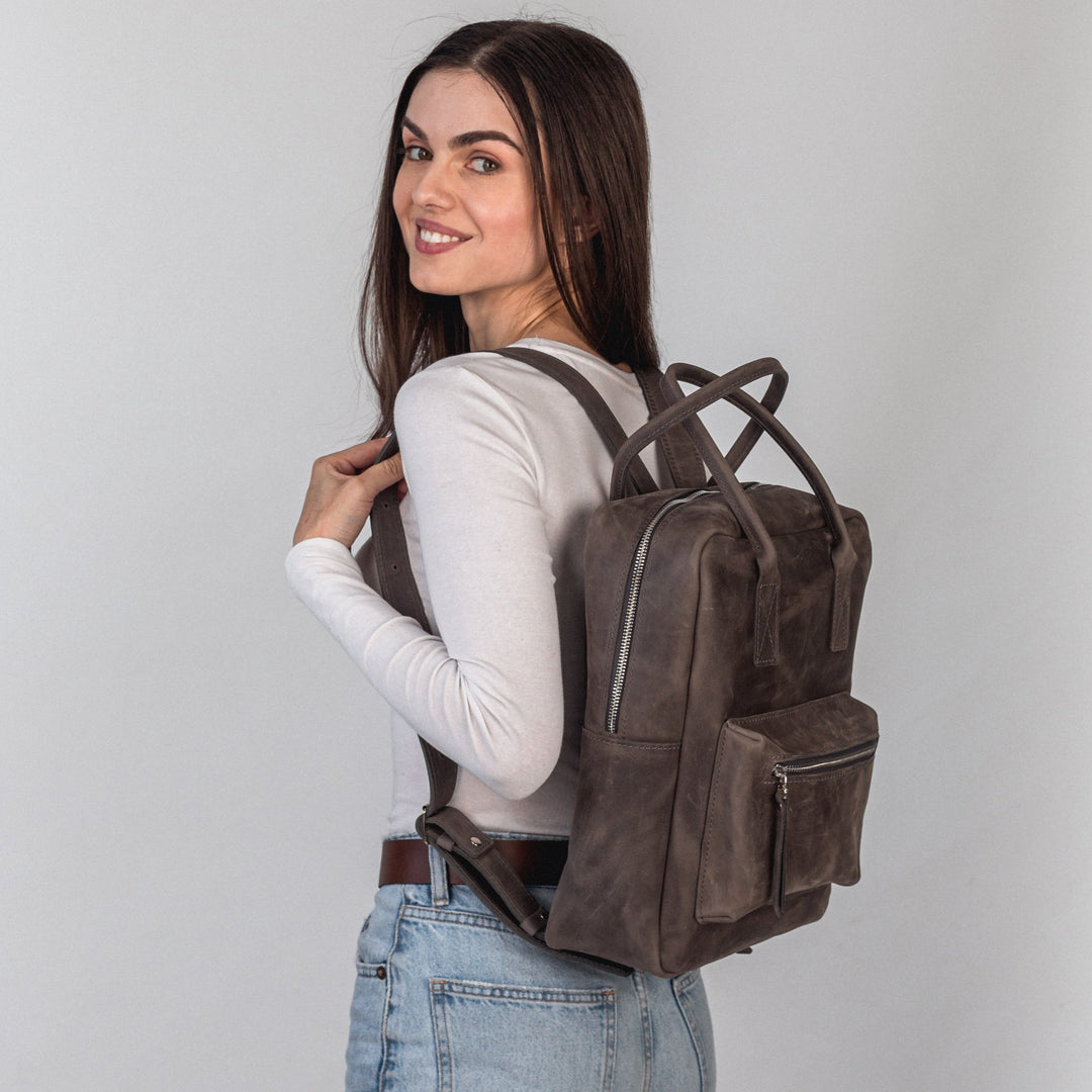 Gray leather city backpack - Leather Purse Backpack