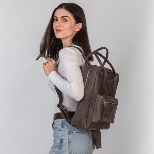 Gray leather city backpack - Leather Purse Backpack