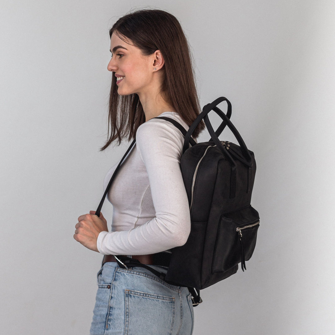 Black leather city backpack - Leather Purse Backpack