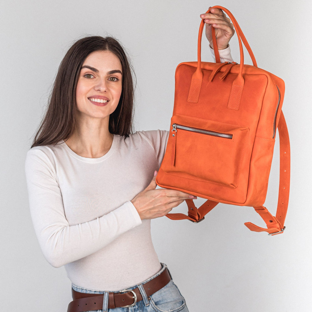 Orange leather city backpack - Leather Purse Backpack