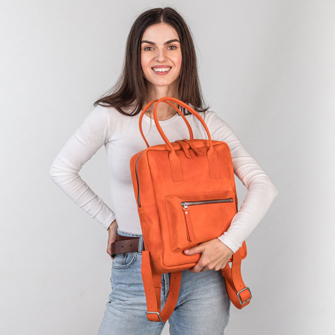 Orange leather city backpack - Leather Purse Backpack