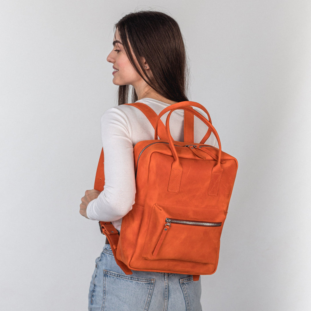 Orange leather city backpack - Leather Purse Backpack