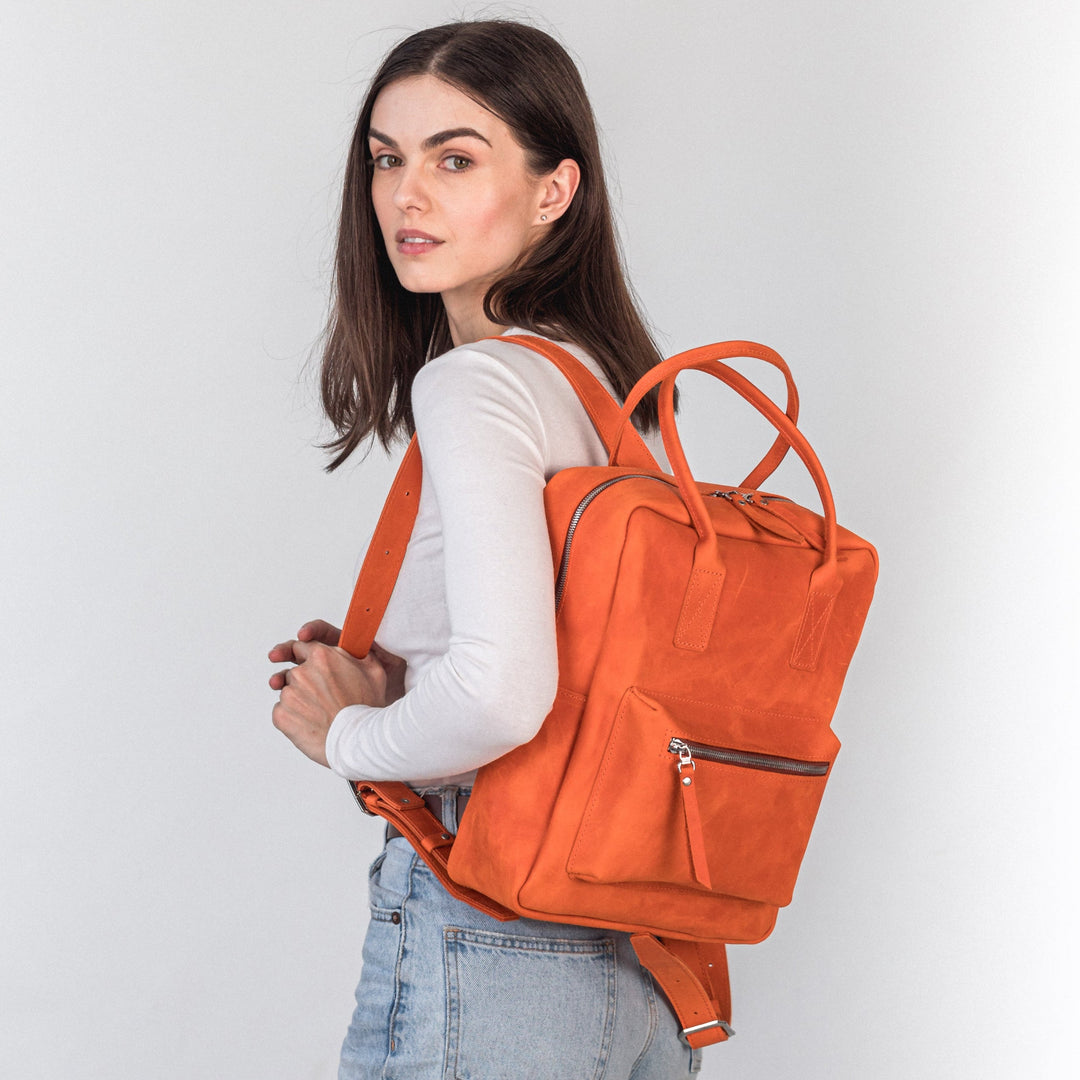 Orange leather city backpack - Leather Purse Backpack