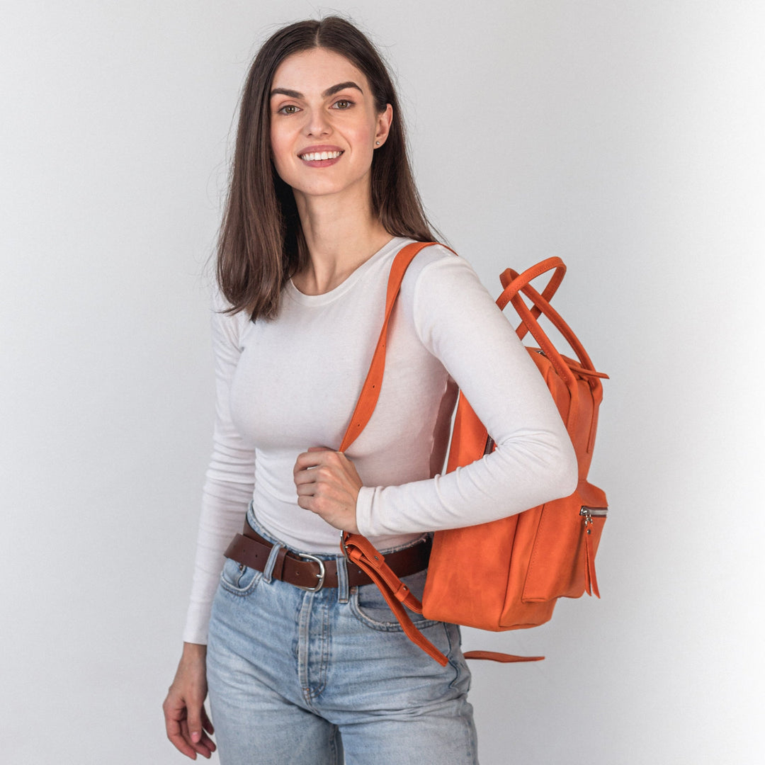 Orange leather city backpack - Leather Purse Backpack