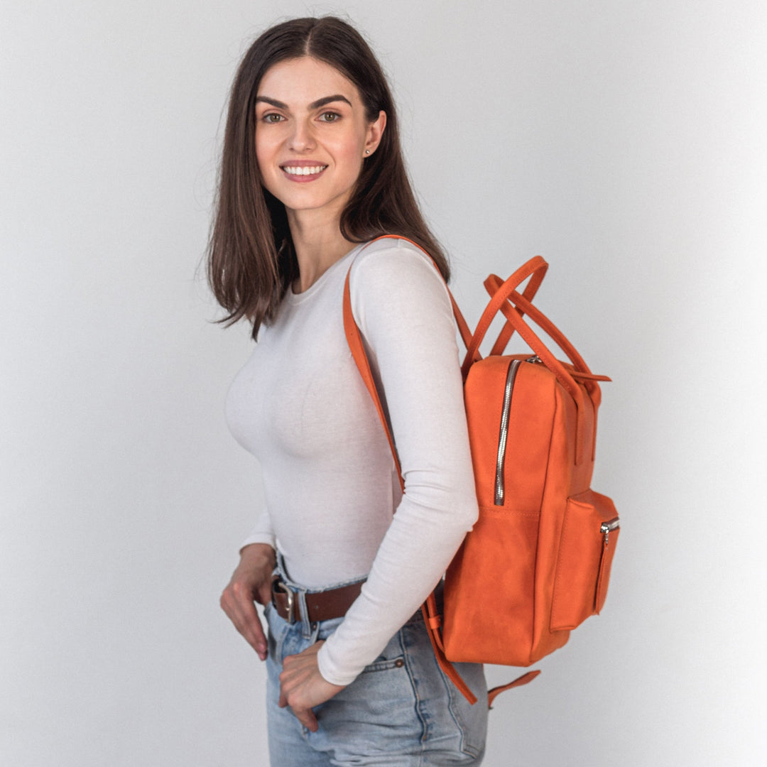 Orange leather city backpack - Leather Purse Backpack