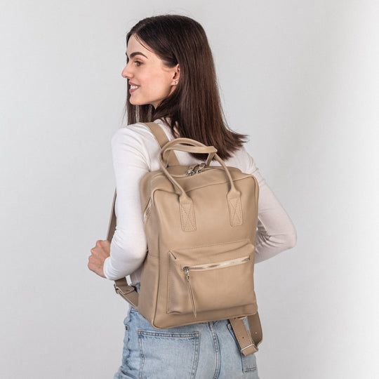 Beige pebbled  leather city backpack - Leather Purse Backpack