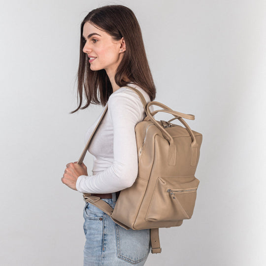 Beige pebbled  leather city backpack - Leather Purse Backpack