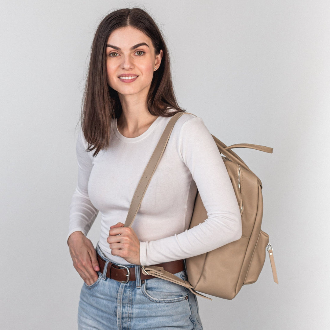 Beige pebbled  leather city backpack - Leather Purse Backpack