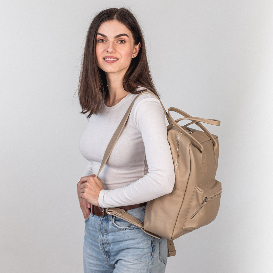 Beige pebbled  leather city backpack - Leather Purse Backpack