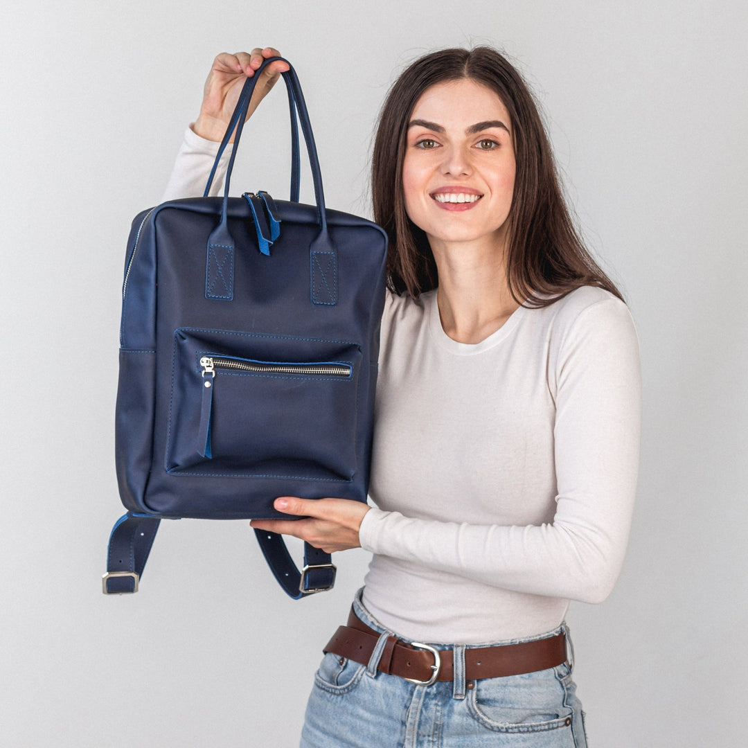 Blue leather city backpack - Leather Purse Backpack