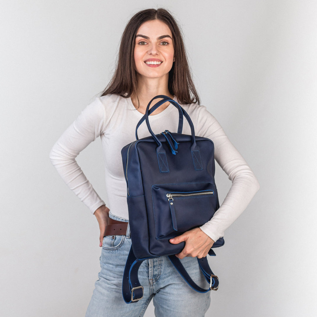 Blue leather city backpack - Leather Purse Backpack
