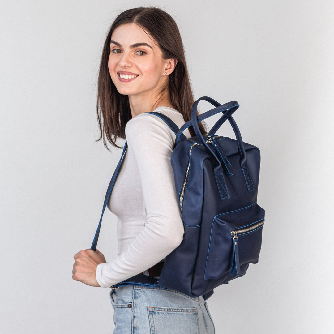 Blue leather city backpack - Leather Purse Backpack