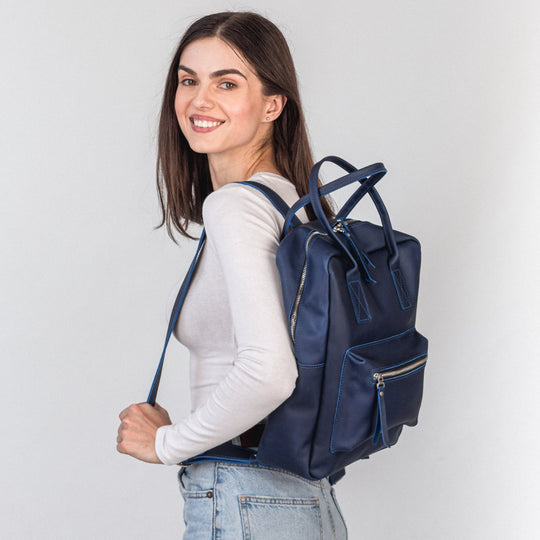 Blue leather city backpack - Leather Purse Backpack