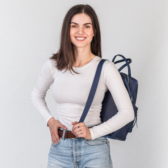 Blue leather city backpack - Leather Purse Backpack