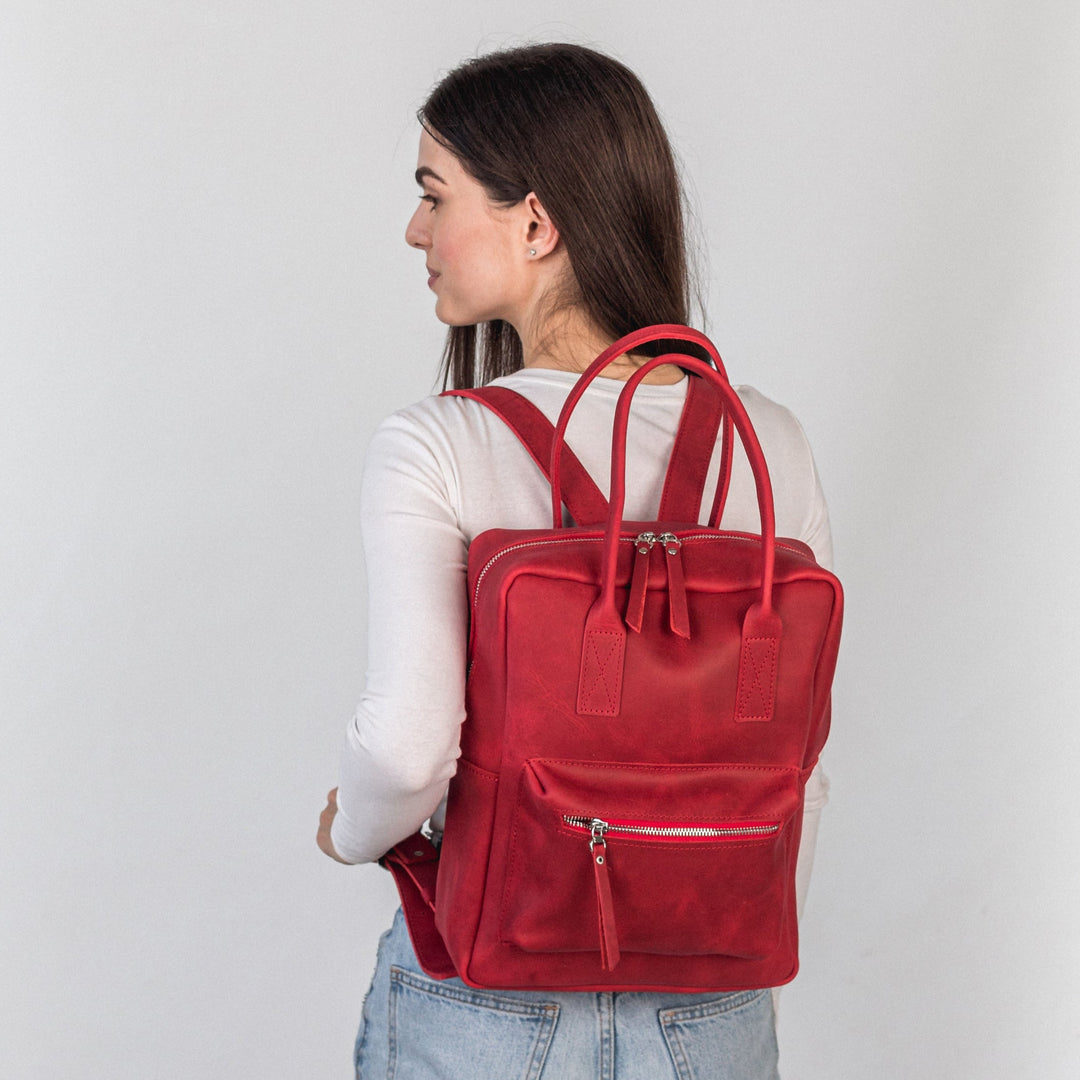 Red leather city backpack - Leather Purse Backpack