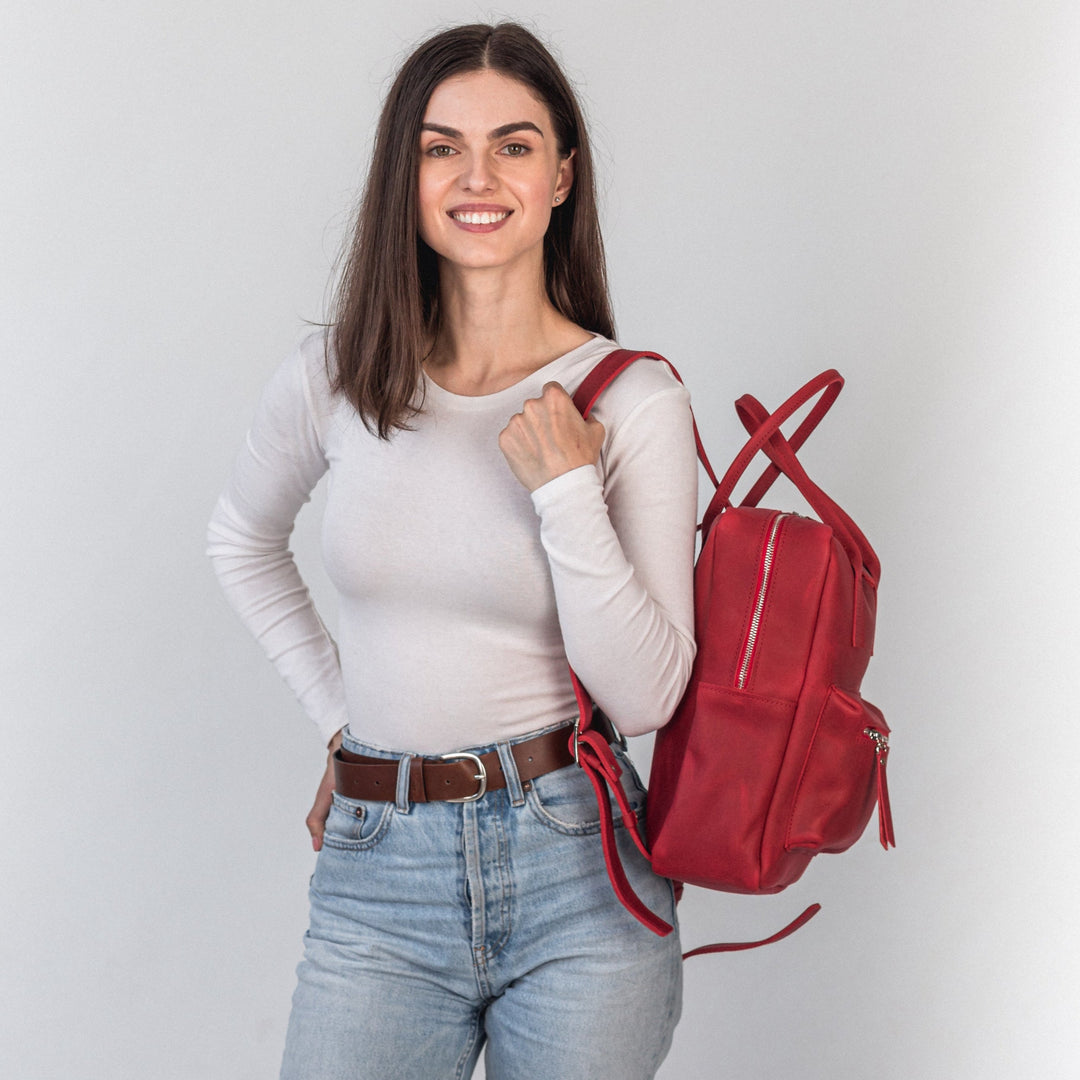 Red leather city backpack - Leather Purse Backpack