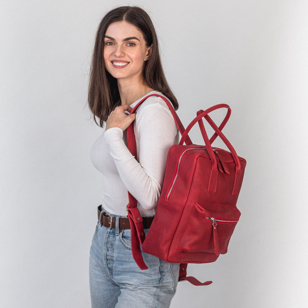 Red leather city backpack - Leather Purse Backpack